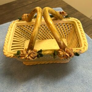 Vintage 1950s Italian Pottery Woven Ceramic Lattice Basket Bowl w/ Pink Roses